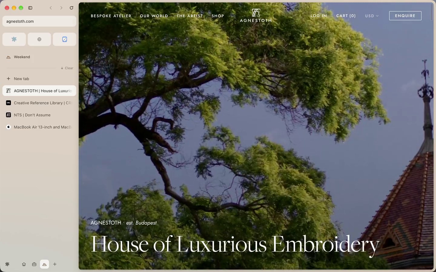 Firn on a Mac: a sidebar with a Weekend space, Basecamp, and tabs on the left, a website with a leafy tree and a tiled church roof against a blue sky on the right.