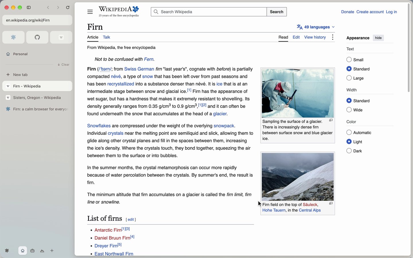 Firn on a Mac: a sidebar with spaces, Basecamp, and tabs on the left, a Wikipedia article about firn on the right.